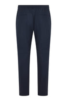 Dark navy technical stretch drawstring pants, back view with elastic waist.