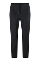 Black drawstring technical stretch pants with zip fly and side pockets