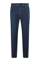 Dark blue fleece denim jeans with straight leg and front button fly.