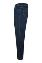Dark blue fleece denim jeans, slim straight leg with belt loops.