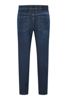 Dark blue fleece denim jeans, back view with two button-flap pockets.