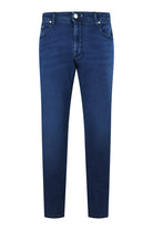 Men's blue denim jeans with straight legs, button waist and five-pocket styling