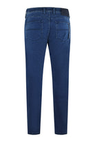 Men's blue denim jeans, back view with two buttoned rear pockets and belt loops