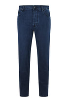 Dark blue stretch denim jeans with belt loops, button closure, and straight legs