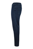 Dark blue stretch denim jeans, side view, with mid-rise waistband and straight legs