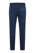 Dark blue stretch denim jeans with back yoke, stitched pockets, and straight legs