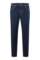 Dark blue stretch denim jeans with belt loops, button fly, and contrast red stitching.