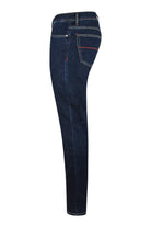 Dark blue denim jeans, side view, straight slim fit with red-stitched seams.