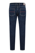 Dark blue denim jeans back view with back pockets and contrast red stitching.