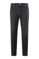 Dark grey stretch denim jeans with button waist and five-pocket styling