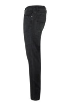 Dark grey stretch denim jeans with back pockets and belt loops, side view