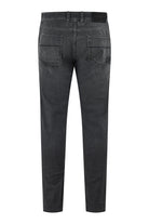 Dark grey stretch denim jeans with two back pockets and straight leg seam