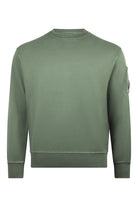 Olive green crewneck sweatshirt with ribbed hem and cuffs, brushed diagonal fleece