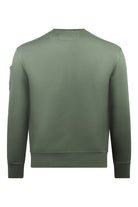 Olive green crewneck sweatshirt with ribbed hem and cuffs