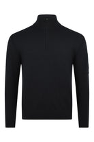 Men's black merino wool half-zip jumper with ribbed high neck
