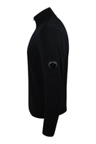Men's black merino wool half-zip jumper, side profile, zip at chest