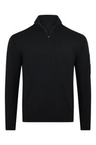 Men's black merino wool half-zip jumper, zip-up chest and ribbed cuffs