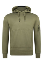 Olive green hooded fleece sweatshirt with drawstring hood and kangaroo pocket