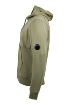 Olive green hooded sweatshirt with lens badge detail on sleeve and ribbed cuffs