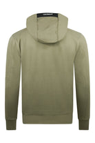 Olive green hooded fleece sweatshirt with drawstring hood and ribbed hem