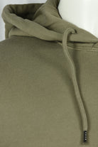 Olive green hood neckline with drawstrings and ribbed hood edge