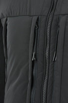 Black padded jacket front with two-way zipper and zip pull tabs