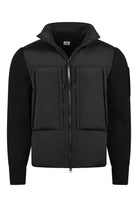 Black hooded padded jacket with front pockets and zip fastening