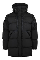 Long black padded jacket with hood, front zip, and two side pockets