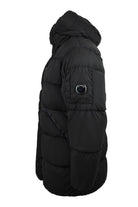Black hooded padded jacket with side zip pocket and circular logo detail