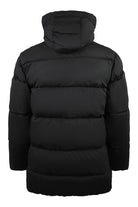 Black long padded jacket with raised hood and quilted baffle design