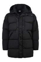 Black long padded jacket with hood, central zip, and quilted insulation