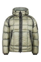 Hooded puffer jacket in flint grey with full-zip front and quilted baffles