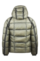 Quilted hooded puffer jacket with full-zip front and stitched paneling