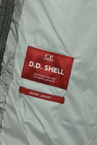 Flint grey hooded down jacket with red D.D. Shell label