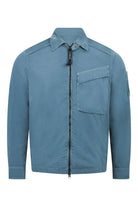 Blue zipped overshirt with pointed collar and chest welt pocket