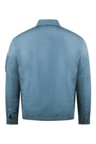 Blue back view overshirt with stand collar and stitched hem