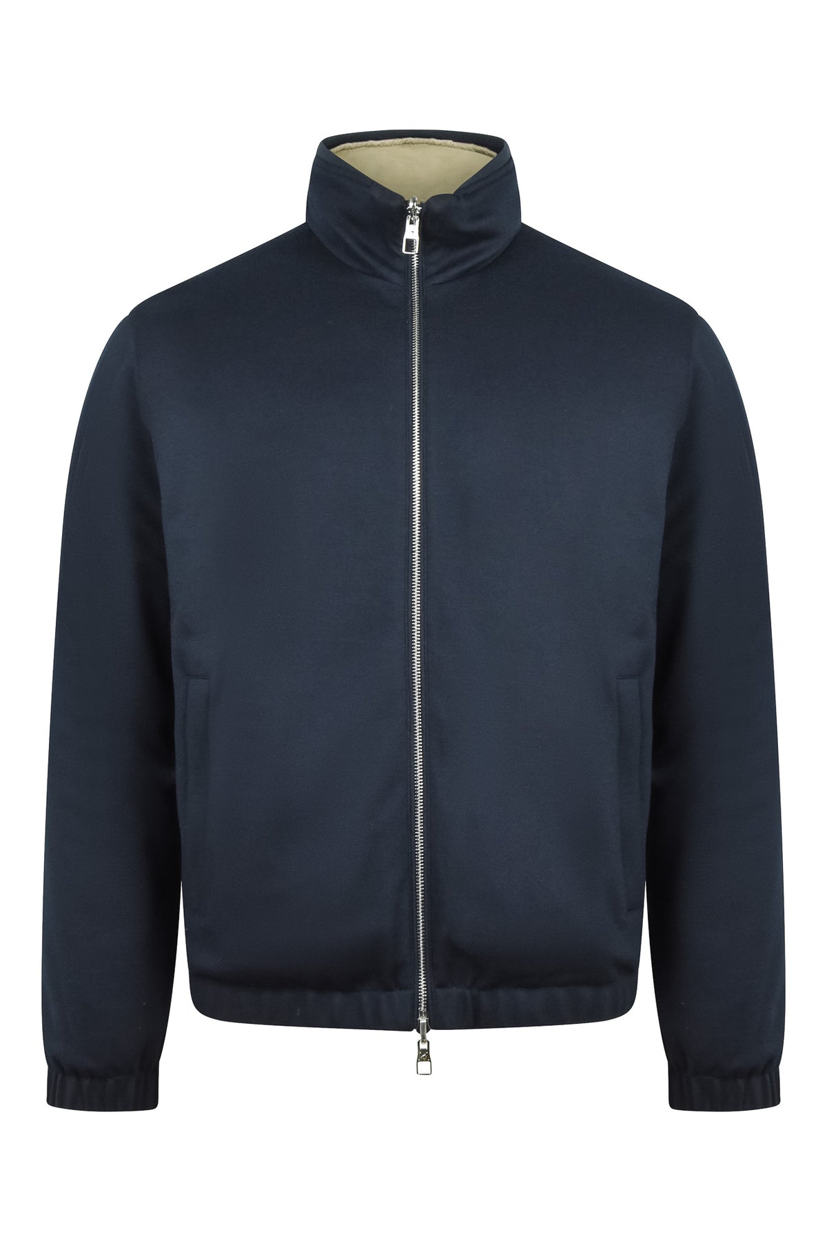 Dark blue reversible quilted padded jacket with full-zip and stand collar