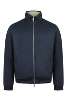 Dark blue reversible quilted padded jacket with full-zip and stand collar