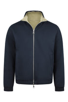 Dark blue jacket reversed to beige lining, full-zip and stand collar