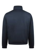 Dark blue back view quilted padded jacket with stand collar and ribbed cuffs
