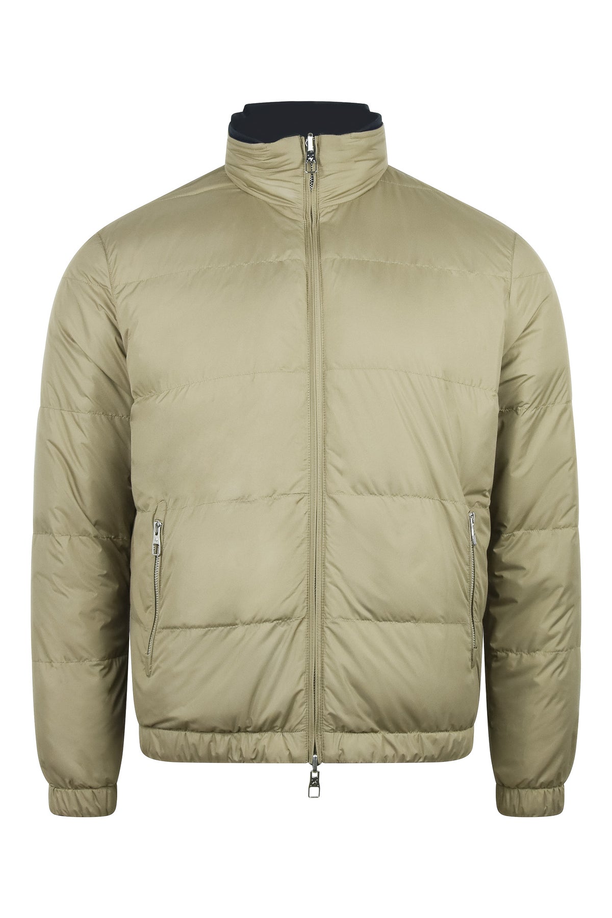 Beige reversible quilted padded jacket with full-zip and stand collar