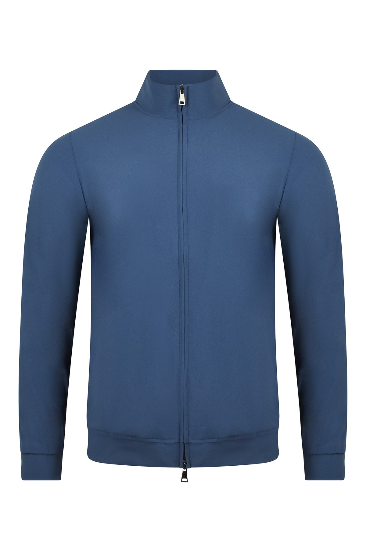 Blue tech stretch jacket with stand collar and full front zipper