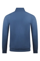 Blue tech stretch jacket back view with stand collar and full zipper