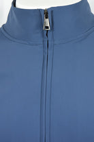 Blue tech stretch jacket neckline with stand collar and zipper pull
