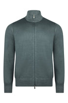 Petrol blue full-zip cardigan with stand collar and zip front, long sleeves.