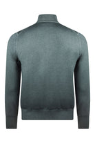 Petrol blue full-zip cardigan back view with ribbed stand collar and long sleeves.