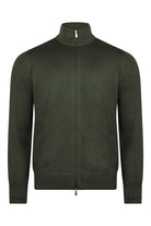 Bottle green full-zip cardigan sweater with mock neck and front zipper closure