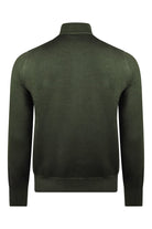 Bottle green full-zip cardigan sweater, back view with mock neck and zipper seam