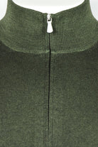 Bottle green mock-neck full-zip cardigan with visible zipper pull at collar