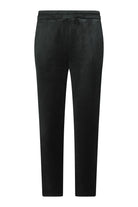 Black velour track pants with elastic waistband and tapered leg